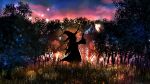  1girl absurdres alc.3vol cloud cloudy_sky commentary_request elaina_(majo_no_tabitabi) fairy field hand_up hat highres long_hair majo_no_tabitabi nature plant scenery sky solo standing sunset tree witch witch_hat 