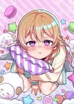  1girl absurdres bangs birthday blush candy commentary food heart highres ice_cream koaraya konoe_kanata long_hair looking_at_viewer love_live! love_live!_nijigasaki_high_school_idol_club object_hug orange_hair pillow pillow_hug pout purple_background purple_eyes ribbon sheep sitting solo star_(symbol) striped striped_background wariza 