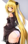  1girl ass bangs bare_shoulders belt black_belt black_dress black_sleeves blonde_hair blush breasts closed_mouth clothes_lift detached_sleeves dot_nose dress eyebrows_hidden_by_hair eyelashes frown hair_between_eyes hair_intakes highres holding holding_clothes holding_skirt konjiki_no_yami leg_belt long_hair looking_at_viewer looking_to_the_side nakano_maru panties pantyshot raised_eyebrows red_eyes shadow short_dress sidelocks signature simple_background skirt skirt_lift sleeveless sleeveless_dress small_breasts solo sweat thighs to_love-ru two_side_up underwear very_long_hair white_background white_panties wide_sleeves 