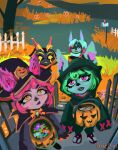  baggy_clothing blush clothed clothing eyelashes eyeshadow female fendthope green_hair group hair halloween hi_res holidays humanoid league_of_legends lipstick makeup mammal mask open_mouth orange_eyes pink_eyes pink_hair riot_games signature trick_or_treat vex_(lol) video_games yordle 