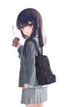  1girl :o arm_at_side backpack bag bangs black_bag black_hair blazer blush brown_eyes can commentary_request cowboy_shot from_side grey_jacket grey_skirt hair_ornament hairclip hand_up highres holding holding_can jacket long_hair long_sleeves looking_at_viewer na-ga open_mouth original school_uniform simple_background skirt sleeves_past_wrists solo standing translation_request white_background 
