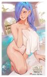  1girl absurdres blue_eyes blue_hair blush breasts highres hu_dako mature_female original pool smile swimsuit thighs towel water wet 