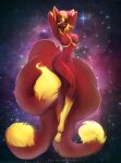  5_tails alien anthro blue_eyes canid canine female fox fur glowing glowing_body hair hi_res mammal molly_(character) multi_tail red_body red_fur red_hair sadbitch short_hair solo space star yellow_body yellow_fur 