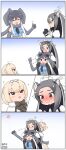  3girls absurdres african_elephant_(kemono_friends) anteater_ears anteater_tail arms_around_neck blue_shirt blush carrying closed_eyes elephant_ears elephant_girl elephant_tail embarrassed giant_anteater_(kemono_friends) grey_hair highres kemono_friends long_hair midriff multiple_girls musical_note necktie open_mouth piggyback shirt short_hair silky_anteater_(kemono_friends) smile sparkle suiuusuiu walking 