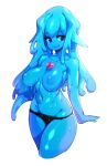  1girl absurdres black_panties blue_eyes blue_hair breasts commentary english_commentary heart highres long_hair looking_at_viewer medium_breasts monster_girl navel nipples original panties pointy_ears simple_background slime_girl slugbox smile solo thighs topless underwear white_background 