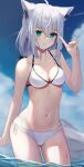  1girl ahoge animal_ear_fluff animal_ears bangs bikini blush braid breasts cloud contrapposto fox_ears fox_girl fox_shadow_puppet fox_tail grey_hair hair_between_eyes highres hololive long_hair looking_at_viewer medium_breasts navel parted_lips shirakami_fubuki side-tie_bikini_bottom sky solo stomach swimsuit tail tataki_worker virtual_youtuber water wet white_bikini white_hair 