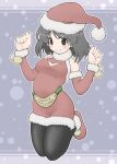  1girl bangs black_eyes black_hair black_pantyhose bob_cut christmas closed_mouth commentary_request detached_sleeves dress floating full_body fur-trimmed_dress fur-trimmed_footwear fur-trimmed_sleeves fur_trim girls_und_panzer hat inatomi_hibiki legs_up looking_at_viewer merry_christmas pantyhose partial_commentary red_dress red_footwear red_headwear red_sleeves santa_dress santa_hat shoes short_dress short_hair smile solo w_arms yunji 