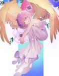  1girl angel angel_wings closed_mouth curly_hair dress flower flying green_eyes harpy_(puyopuyo) hnd_kmtr looking_at_viewer madou_monogatari pink_hair puyopuyo simple_background solo white_dress wings yellow_wings 