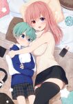  1boy 1girl age_difference aqua_hair aqua_scrunchie black_shorts black_skirt black_thighhighs blanket blue_eyes blue_sweater breast_pillow breasts brown_blanket cellphone checkered_shorts cowboy_shot hair_between_eyes hair_ornament hair_scrunchie hand_on_another&#039;s_arm hand_on_another&#039;s_shoulder handheld_game_console head_on_pillow headphones headphones_removed heterochromia highres hug large_breasts long_hair looking_at_breasts looking_at_viewer lying object_hug on_back on_bed on_side onee-shota open_mouth original os_(os_fresa) phone pillow pillow_hug pink_hair pointy_ears purple_eyes red_eyes reindeer_print ribbed_sweater scrunchie shirt short_hair shorts sidelocks skirt sleeveless sleeveless_sweater sleeves_past_wrists snowflake_print star_(symbol) sweater thighhighs turtleneck turtleneck_sweater white_shirt 