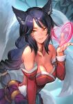  1girl ahri_(league_of_legends) animal_ears bangs bare_shoulders black_hair braid braided_ponytail breasts choker cleavage detached_sleeves facial_mark fox_ears fox_tail heart hinoru_saikusa korean_clothes large_breasts league_of_legends long_hair looking_at_viewer multiple_tails smile solo strapless tail whisker_markings yellow_eyes 