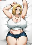  1girl android_18 armpits arms_up batako_(pixiv54063972) blonde_hair blue_eyes bracelet breasts closed_mouth curvy dragon_ball highleg highleg_panties highres huge_breasts jewelry large_breasts looking_at_viewer lying midriff navel necklace on_back panties plump solo thick_thighs thigh_gap thighs underwear 