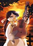  1girl absurdres animalization beak black_hair blue_eyes braid braided_ponytail character_request cloud guitar highres holding holding_instrument horizon instrument kamu_kotan long_hair looking_at_viewer ocean okaasan_to_issho orange_sky outdoors sky solo sunset 