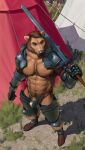  2022 abs absurd_res anthro armor armwear barazoku bear beard big_bulge big_muscles body_hair boots bulge camp chest_hair clothed clothing cock_armor cuisse detailed_background dirt ear_piercing ear_ring eyebrows facial_hair footwear fur gauntlets gloves grass greaves hair handwear happy_trail henry_harris_baxter hi_res high-angle_view holding_object holding_sword holding_weapon knight legwear male mammal melee_weapon mickey_the_retriever muscular muscular_anthro muscular_male mustache navel nipple_piercing nipple_ring nipples obliques outside pauldron pecs piercing plant pubes rerebrace ring_piercing rock shadow solo standing sword tent thigh_highs thong topless topless_anthro topless_male tuft unconvincing_armor underwear vambraces warrior weapon 