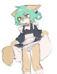  2022 accessory anthro blush bottomwear braided_hair camel_toe canid canine clothed clothing clothing_lift crayon_(artist) dress dress_lift female fox fur green_eyes green_hair hair hair_accessory hairband hi_res kemono maid_uniform mammal panties pattern_bottomwear pattern_clothing pattern_panties pattern_underwear simple_background sketch solo standing striped_bottomwear striped_clothing striped_panties striped_underwear stripes underwear uniform white_background white_body white_fur yellow_body yellow_fur 