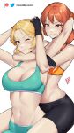  2girls ;) bare_arms bare_shoulders bike_shorts black_shorts blonde_hair blush breasts choke_hold cleavage commission crop_top damodar fire_emblem fire_emblem:_three_houses green_eyes grin highres ingrid_brandl_galatea large_breasts leonie_pinelli looking_at_viewer midriff multiple_girls navel one_eye_closed orange_eyes orange_hair parted_lips short_hair shorts simple_background smile sports_bra stomach strangling white_background 