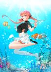  1girl :o air_bubble animal bare_legs black_shirt bow breasts bubble closers clownfish coral crop_top crop_top_overhang feet fish freediving hair_bow hands_up highres legs long_hair looking_at_viewer luna_aegis_(closers) midriff miniskirt navel official_art open_mouth orange_hair purple_eyes sandals shirt short_sleeves skirt slippers solo starfish stomach toes twintails underwater water white_skirt 