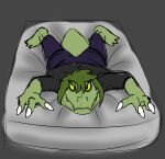  alligator alligatorid anthro bed clothed clothing crocodilian female furniture green_body green_hair hair humor looking_at_viewer lying meme olivia_(snoot_game) on_front reptile scalie snoot_game_(fan_game) solo unknown_artist yellow_sclera 