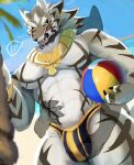  abs anthro ball beach beach_ball blush bulge bulge_grab canid canine canis duo faceless_character faceless_male gold_(metal) gold_earring gold_jewelry grabbing_from_behind hi_res inflatable jackal jewelry lifewonders male mammal muscular muscular_male nukochi palm_tree pecs plant seaside seth_(tas) tokyo_afterschool_summoners tree video_games 