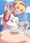  1girl :d blonde_hair blue_sky blush breasts cloud fate/grand_order fate_(series) feet green_eyes hairband highres holding holding_shoes jkisaradu large_breasts looking_at_viewer nero_claudius_(fate) nero_claudius_(olympian_bloomers)_(fate) no_shoes open_mouth outdoors shirt shoes shoes_removed sky smell smile socks soles solo sweat toes white_shirt 