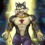  2021 absurd_res anthro biceps black_sclera bodily_fluids bottomwear bulge canid canine canis chain chibikoma clothing digital_drawing_(artwork) digital_media_(artwork) domestic_dog drooling fur garmr grey_body grey_fur hi_res lifewonders looking_at_viewer male mammal multicolored_body multicolored_fur muscular muscular_anthro muscular_male open_mouth pants pecs purple_bottomwear purple_clothing purple_pants saliva saliva_on_tongue solo tokyo_afterschool_summoners tongue tongue_out two_tone_body two_tone_fur video_games yellow_eyes 