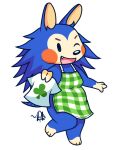  2022 animal_crossing anthro apron apron_only blue_body clothing digital_media_(artwork) eulipotyphlan fangs female full-length_portrait green_apron hedgehog hi_res lesmallow mabel_able mammal mostly_nude nintendo one_eye_closed open_mouth open_smile portrait shirt signature simple_background smile solo t-shirt topwear video_games white_background wink 