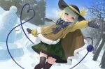  1girl bare_tree black_headwear black_mittens black_scarf black_thighhighs blush commission eyeball frilled_skirt frills fringe_trim green_eyes green_hair green_skirt hat hat_ribbon heart heart_of_string kanpa_(campagne_9) komeiji_koishi komeiji_satori long_sleeves medium_hair mittens open_mouth plaid plaid_skirt pleated_skirt ribbon scarf skeb_commission skirt smile snow snowman solo thighhighs third_eye touhou tree yellow_ribbon 