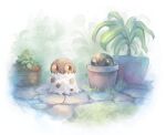  brown_eyes cobblestone english_commentary flower_pot grass highres lollitree looking_at_another no_humans outdoors plant pokemon pokemon_(creature) potted_plant spewpa 