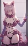  1girl animal_ears breasts craft_essence_(fate) elbow_gloves fate/grand_order fate_(series) fur-trimmed_gloves fur-trimmed_legwear fur_bikini fur_collar fur_trim gloves hair_over_one_eye halloween_costume highres lace-trimmed_legwear lace_trim light_purple_hair looking_at_viewer mash_kyrielight mash_kyrielight_(dangerous_beast) medium_breasts o-ring o-ring_top purple_eyes purple_gloves purple_hair purple_tail purple_thighhighs revealing_clothes shiny shiny_hair short_hair solo tail tesin_(7aehyun) thighhighs wolf_ears wolf_tail 