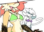  anthro bikini blue_eyes breast_envy breasts canid canine cat_(stu) clothing covered_eyes cross-popping_vein cute_fangs domestic_cat duo felid feline felis female fox fur jealous looking_at_another mammal orange_body orange_fur pepper_(sketchytoasty) stu_(artist) swimwear 