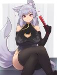  1girl animal_ear_fluff animal_ears bangs bare_shoulders black_dress black_gloves black_thighhighs cat_cutout china_dress chinese_clothes cleavage_cutout closed_mouth clothing_cutout crossed_legs dress elbow_gloves gloves grey_hair hand_fan heart highres holding holding_fan looking_at_viewer original red_eyes sitting smile solo split_mouth tail thick_eyebrows thighhighs yonaga_san 