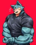  2022 anthro barazoku beastars biceps big_muscles blush bottomwear canid canine canis clothed clothing cute_expression dot_eyes emanata eyebrows flexing flustered fur hi_res huge_muscles legoshi_(beastars) looking_down male mammal muscular muscular_anthro muscular_male pants pink_background shirt simple_background solo standing teseirei topwear tuft wolf 