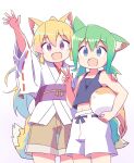  2girls :d animal_ears arm_up bangs bare_arms bare_shoulders black_tank_top blonde_hair blue_eyes brown_shorts carrying carrying_under_arm commentary_request crop_top fang fox_ears fox_girl fox_tail green_hair hair_between_eyes highres japanese_clothes kimono long_hair long_sleeves midriff multiple_girls navel original purple_eyes ribbon-trimmed_sleeves ribbon_trim roku_no_hito short_shorts shorts smile tail tank_top very_long_hair white_kimono white_shorts wide_sleeves 