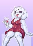  absurd_res alcohol anthro belly beverage bodily_fluids breasts choker clothing cum dress female genital_fluids glass hi_res jewelry necklace saliva shy smile solo tongue undertale undertale_(series) ursk video_games wine 