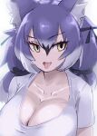  1girl animal_ear_fluff animal_ears blue_hair breasts cleavage dire_wolf_(kemono_friends) extra_ears highres kemono_friends kemono_friends_v_project large_breasts long_hair looking_at_viewer nishuu_miri open_mouth ribbon shirt simple_background solo t-shirt tongue twintails virtual_youtuber wolf_ears wolf_girl yellow_eyes 
