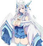  1girl absurdres ahoge animal_ears blue_theme breasts character_request cleavage dated highres kichihachi large_breasts long_hair looking_at_viewer purple_eyes simple_background sleeves_past_fingers sleeves_past_wrists solo standing thick_eyebrows thighs twitter_username virtual_youtuber white_background white_hair white_sleeves wide_sleeves 