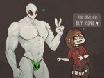  &lt;3 2019 abs alien alien_humanoid beastsoul big_muscles brown_hair clothed clothing dialogue duo english_text eyewear female gesture glasses green_clothing green_thong green_underwear grey_body grey_skin hair hi_res human humanoid larger_male male mammal muscular muscular_humanoid muscular_male navel not_furry pecs roswell_grey simple_background size_difference smaller_female standing text thong thong_only topless underwear underwear_only v_sign 