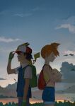  1boy 1girl ash_ketchum back-to-back backpack bag baseball_cap cloud fingerless_gloves from_side gloves hat highres jacket misty_(pokemon) on_shoulder orange_hair pikachu pokemon pokemon_(anime) pokemon_(creature) pokemon_on_shoulder shirt shorts side_ponytail sky togepi tree vest zzz_zhi_he 