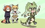  3girls :d animal_ears animal_print arm_up bangs black_pantyhose blonde_hair boots bow bowtie braid brown_hair chibi closed_eyes closed_mouth collared_vest commentary_request crocodilian_tail crossed_arms elbow_gloves extra_ears full_body fur_collar glasses gloves green_eyes green_hair hair_bow holding kemono_friends kemono_friends_2 legs_apart leopard_(kemono_friends) leopard_ears leopard_girl leopard_print leopard_tail lesser_panda_(kemono_friends) long_hair long_sleeves looking_at_another medium_hair miniskirt multicolored_hair multiple_girls open_mouth outstretched_arm over-rim_eyewear pantyhose pantyhose_under_shorts pleated_skirt print_gloves print_skirt print_thighhighs red_panda_ears red_panda_tail running semi-rimless_eyewear shirt shoes short_shorts short_sleeves shorts shorts_under_shorts sidelocks skirt smile spectacled_caiman_(kemono_friends) spiked_gloves spiked_shoes spikes srd_(srdsrd01) standing sweater tail thighhighs twintails v-shaped_eyebrows vest white_hair white_shirt yellow_eyes zettai_ryouiki 