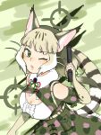  1girl animal_ear_fluff animal_ears bare_shoulders belt breasts cat_ears cat_girl cat_tail cleavage elbow_gloves extra_ears fingerless_gloves gloves green_eyes grey_hair gun highres jungle_cat_(kemono_friends) kemono_friends kemono_friends_v_project long_hair looking_at_viewer microphone one_eye_closed open_mouth ribbon scarf shirt simple_background skirt solo suspenders tail twintails virtual_youtuber weapon y0whqzz8bkslezl 