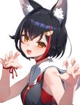  1girl :d alternate_hair_length alternate_hairstyle animal_ear_fluff animal_ears black_hair black_shirt blush breasts choker claw_pose commentary from_side hair_ornament hololive izumi_sai looking_at_viewer medium_breasts multicolored_hair ookami_mio open_mouth orange_eyes red_choker red_hair red_ribbon red_shirt ribbon sailor_collar shirt short_hair simple_background sleeveless sleeveless_shirt smile solo streaked_hair undershirt upper_body virtual_youtuber white_background white_hair wolf_ears wolf_girl wrist_ribbon 