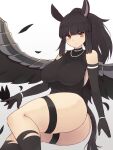  1girl animal_ears ass bangs bare_shoulders black_gloves black_hair blunt_bangs breasts closed_mouth dark_pegasus_(dungeon_squad) dungeon_squad elbow_gloves gloves highres horse_ears large_breasts looking_at_viewer monster_girl orange_eyes sidelocks smile solo thighlet thighs wings yonaga_san 