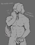  2022 5_fingers anthro balls beastars biped blush blush_lines bodily_fluids body_hair bottomless canid canine canis circumcised claws clothed clothing collot_(beastars) digital_media_(artwork) domestic_dog english_text erection fingers floppy_ears fur genitals grin hair hair_over_eye hair_over_eyes hairy_balls hand_on_penis herding_dog hi_res humanoid_genitalia humanoid_penis looking_pleasured male mammal masturbation monochrome muscular muscular_anthro muscular_male navel nude nyankyun540 one_eye_obstructed onomatopoeia pastoral_dog pecs penile penile_masturbation penis penis_grab pubes sheepdog smile sniffing solo solo_focus sound_effects sweat tail_motion text topless tuft underwear underwear_sniffing white_body white_fur 