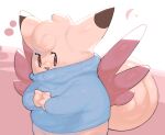  2022 3_fingers ambiguous_gender blue_clothing blue_sweater blue_topwear blush bottomless clefable clothed clothing curled_tail eyelashes fingers generation_1_pokemon glistening glistening_body glistening_skin humanoid light ligma_(artist) looking_aside looking_at_viewer nintendo open_mouth open_smile pokemon pokemon_(species) portrait simple_background slightly_chubby smile solo sweater three-quarter_portrait topwear unknown_artist video_games wings 
