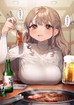  +_+ 1girl alcohol bangs beer beer_mug blush bottle breast_rest breasts breasts_on_table brown_eyes brown_hair check_commentary chopsticks commentary_request cup drinking_glass drooling earrings food frying_pan highres holding holding_chopsticks holding_cup indoors jewelry kodama&#039;s_elder_sister_(sakura_yuki) large_breasts long_hair long_sleeves meat mug necklace open_mouth original ribbed_sweater sakura_yuki_(clochette) saliva shot_glass sidelocks soju solo soy_sauce steam sweater table thought_bubble tongs translated turtleneck turtleneck_sweater upper_body wavy_hair white_sweater yakiniku 
