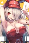  1girl absurdres animal_ears arm_up armpits azur_lane bangs bare_shoulders blush breasts cleavage collarbone commentary_request fake_animal_ears grey_hair hair_between_eyes hair_over_one_eye heart highres large_breasts long_hair mole mole_under_eye official_alternate_costume one-piece_swimsuit one_eye_closed open_mouth prinz_heinrich_(azur_lane) rabbit_ears red_eyes red_headwear red_one-piece_swimsuit reizouko revision sidelocks smile solo standing strapless strapless_swimsuit swimsuit teeth upper_body upper_teeth_only v very_long_hair whistle whistle_around_neck 