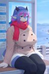  2022 anthro bench blue_eyes bottomwear breasts bus_stop clothing dragon female hair hi_res lanya_(shian) looking_at_viewer mountain multicolored_hair red_scarf scarf shian sitting solo topwear wingless_dragon 