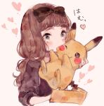  1girl bangs biting black_bow blush_stickers bow brown_hair brown_shirt creature grey_eyes hair_bow head_biting heart holding holding_creature long_hair looking_to_the_side one_eye_closed original painting_(medium) pikachu pokemon pokemon_(creature) shirt simple_background sleeves_past_elbows sleeves_rolled_up smile sound_effects supika traditional_media watercolor_(medium) wavy_hair white_background 