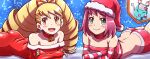  2girls ass big_hair blonde_hair blush breasts christmas closed_mouth dress drill_hair gloves green_eyes harp hat instrument long_hair looking_at_viewer luna_platz_(mega_man) mega_man_(series) mega_man_star_force multiple_girls nobuyu_(77yusei) open_mouth santa_hat short_hair smile snowing sonia_strumm_(mega_man) striped twin_drills twintails 