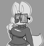  anthro bottomless breasts canid canine cleavage cleavage_cutout clothed clothing derp_eyes female fox male_(lore) mammal monochrome sharp_teeth simple_background smile smiling_at_viewer solo spaghettithefox spapocalypse square_glasses sweater teeth topwear 