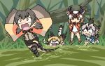  4girls animal_ears animal_print bangs bird_tail black_hair blonde_hair brown_eyes brown_hair buruma cheetah_(kemono_friends) cheetah_girl cheetah_print cheetah_tail commentary_request constricted_pupils day disgust elbow_gloves extra_ears falling fleeing frilled_lizard_(kemono_friends) gloom_(expression) gloves greater_roadrunner_(kemono_friends) grey_hair hair_tubes hand_on_hip hand_to_own_mouth hand_up horns jacket kemono_friends lizard_tail long_hair long_sleeves looking_at_another looking_down looking_up medium_hair multicolored_hair multiple_girls neck_ribbon open_clothes open_jacket orange_eyes outdoors outstretched_arms partially_submerged print_gloves pronghorn_(kemono_friends) ribbon running shirt shoes short_sleeves short_twintails shorts spread_arms srd_(srdsrd01) standing sweat t-shirt tail tail_raised thighhighs track_jacket turn_pale twintails v-shaped_eyebrows walking walking_on_liquid white_hair wide-eyed 